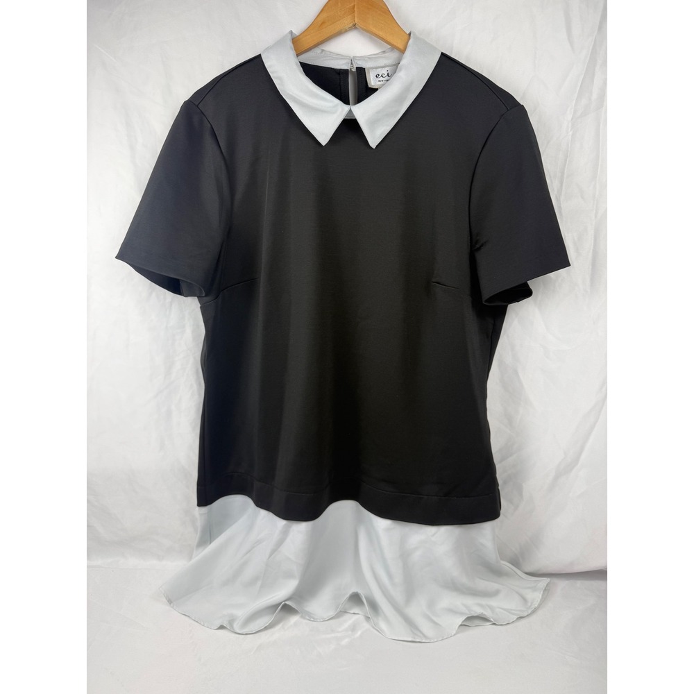 ECI New York Womens XL Black White Layered Peter Pan Collar Short Sleeve‎ Top